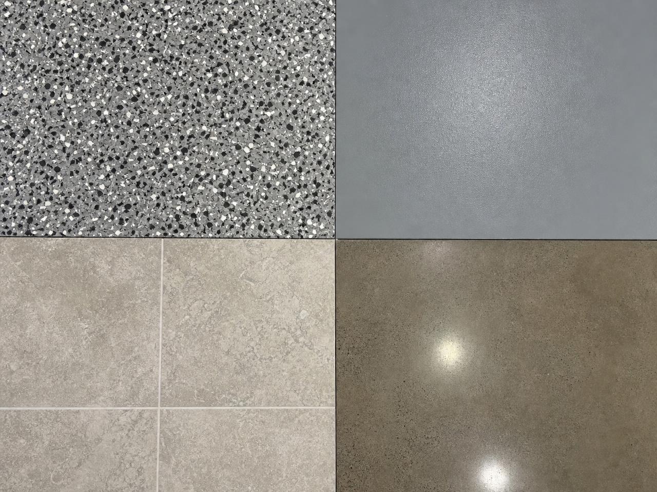Four floor surfaces compared: flake coating, floor paint, porcelain tile, and polished concrete