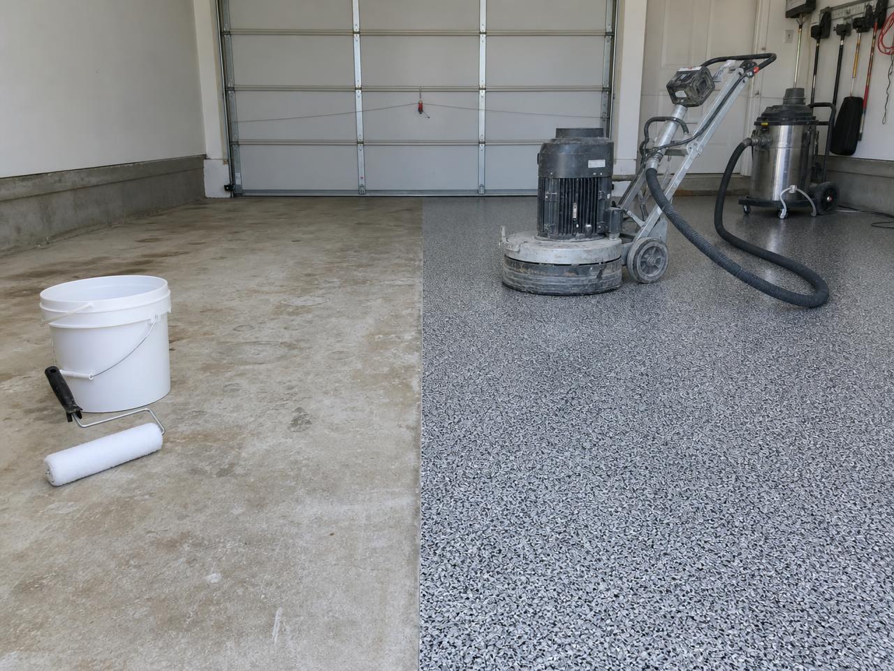 DIY epoxy kit and roller on bare concrete beside a professionally ground and coated flake floor