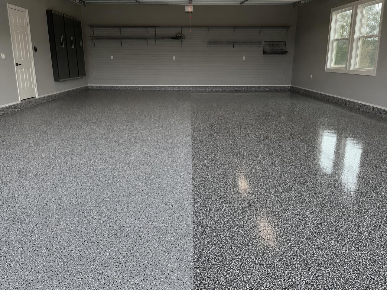 Split view of an epoxy coated floor beside a polyaspartic coated floor