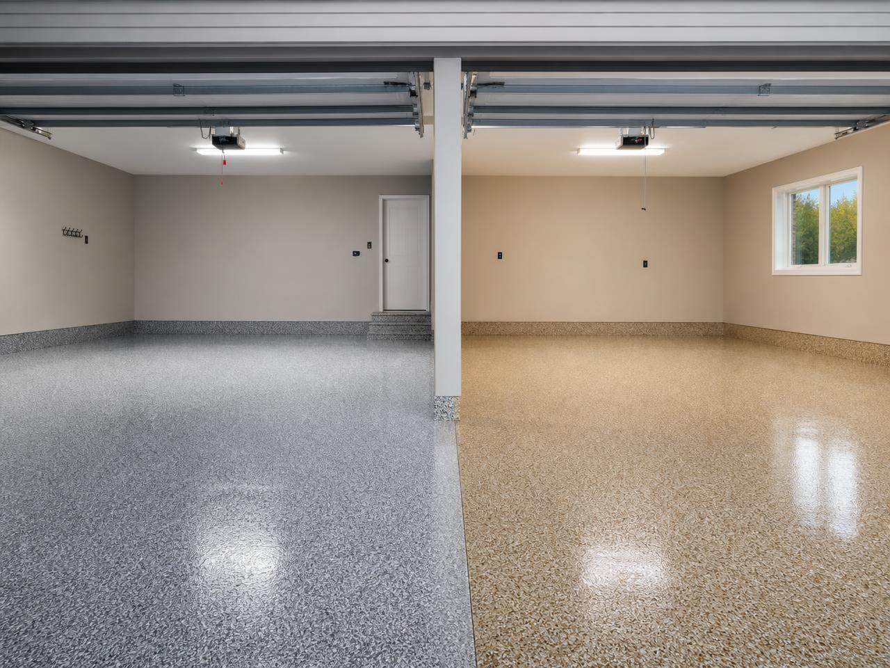 Two garage bays side by side, one with a gray polyaspartic flake floor and one with a tan flake floor