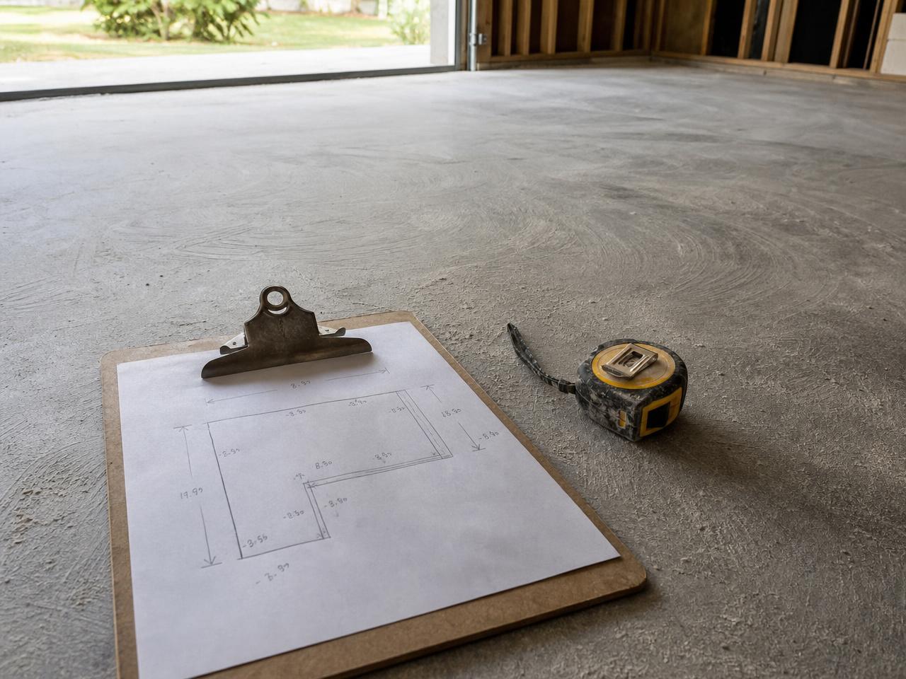 Contractor clipboard with a hand-sketched garage floor plan and a tape measure on a freshly ground concrete slab