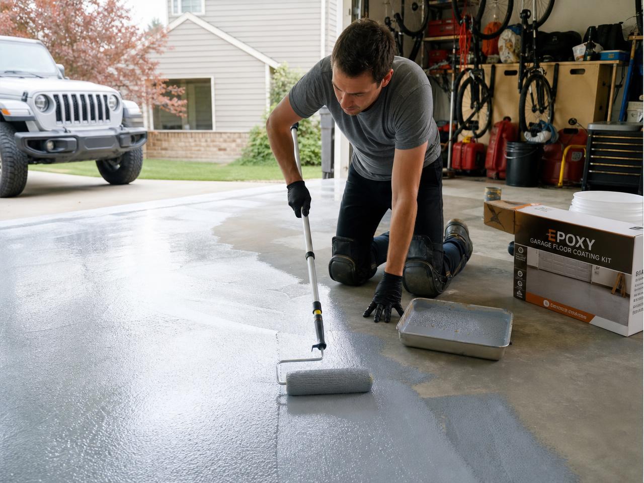 Homeowner rolling a DIY epoxy coating onto a garage floor