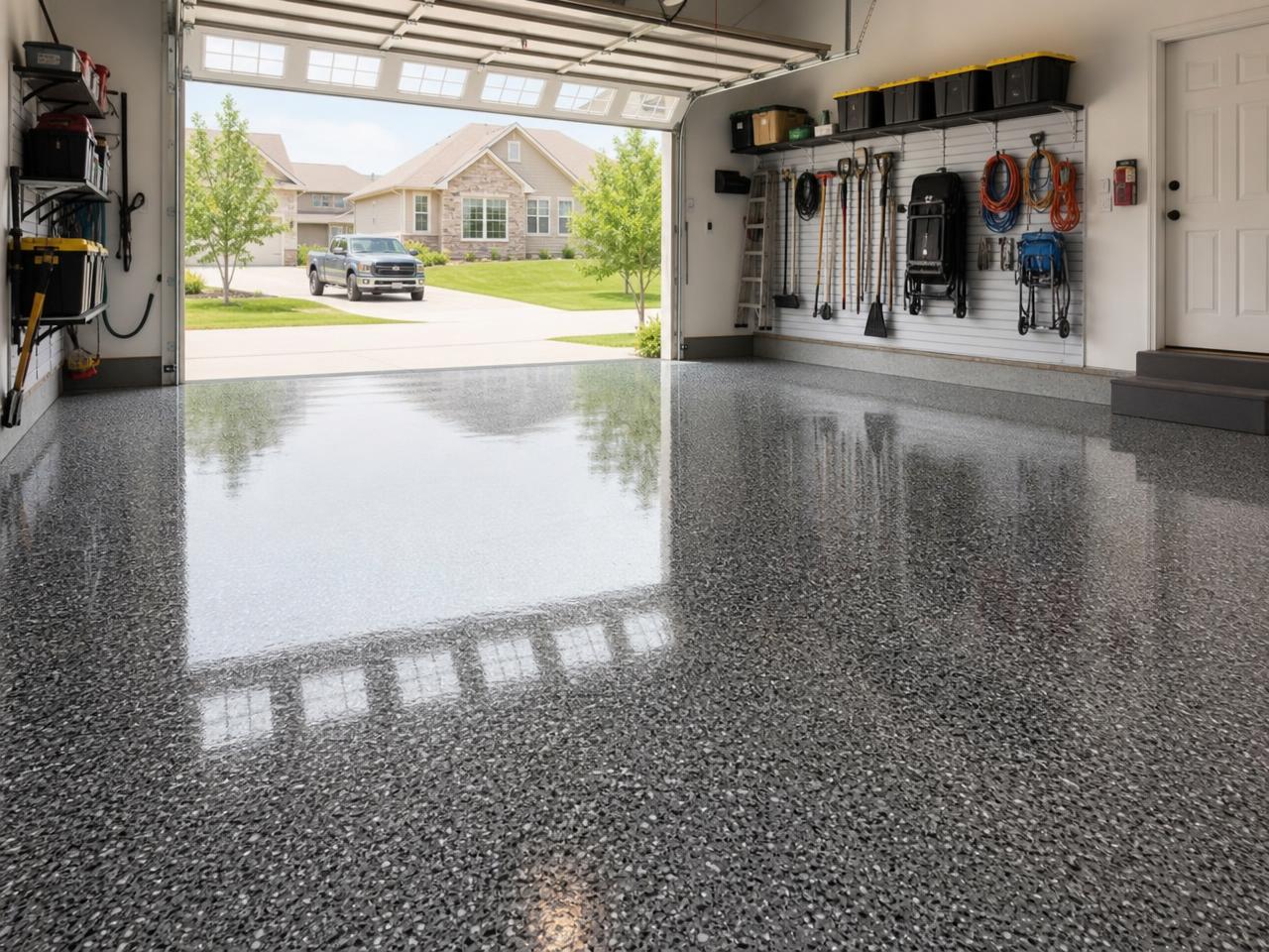 Freshly installed high-gloss flake floor coating in a residential two-car garage