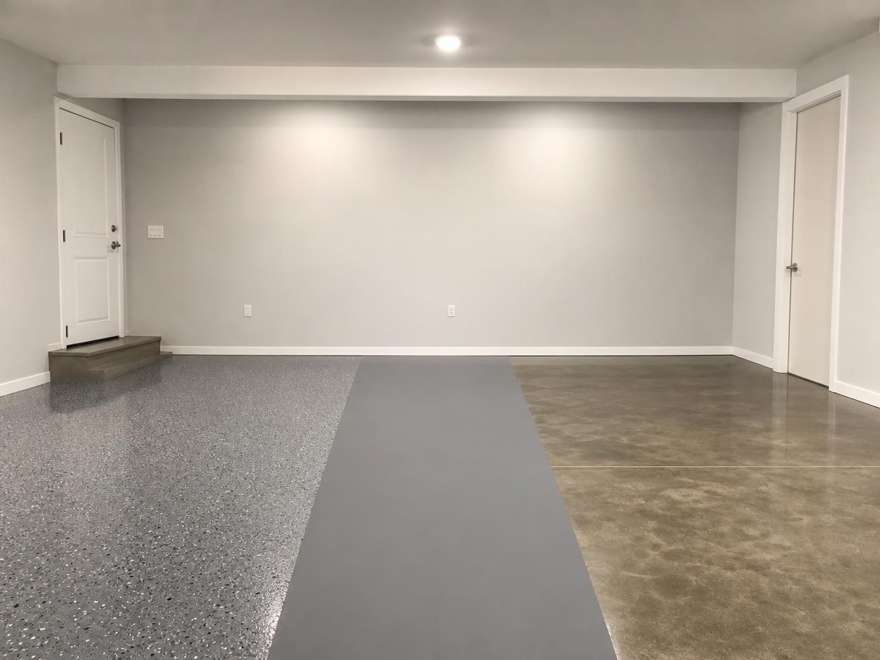 Garage floor showing flake coating, solid color coating, and polished concrete side by side