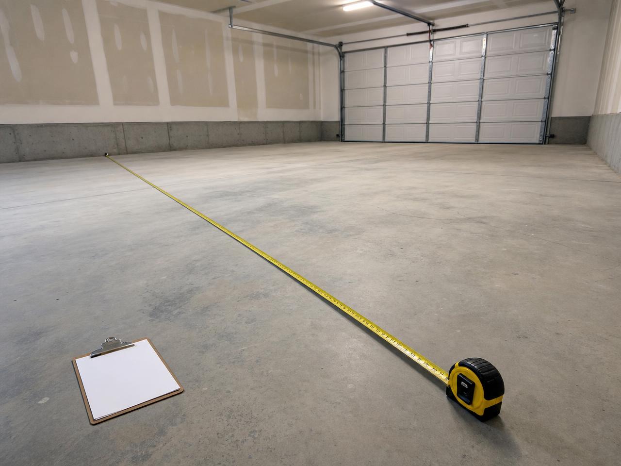 Tape measure stretched across a bare two-car garage slab to calculate coating square footage