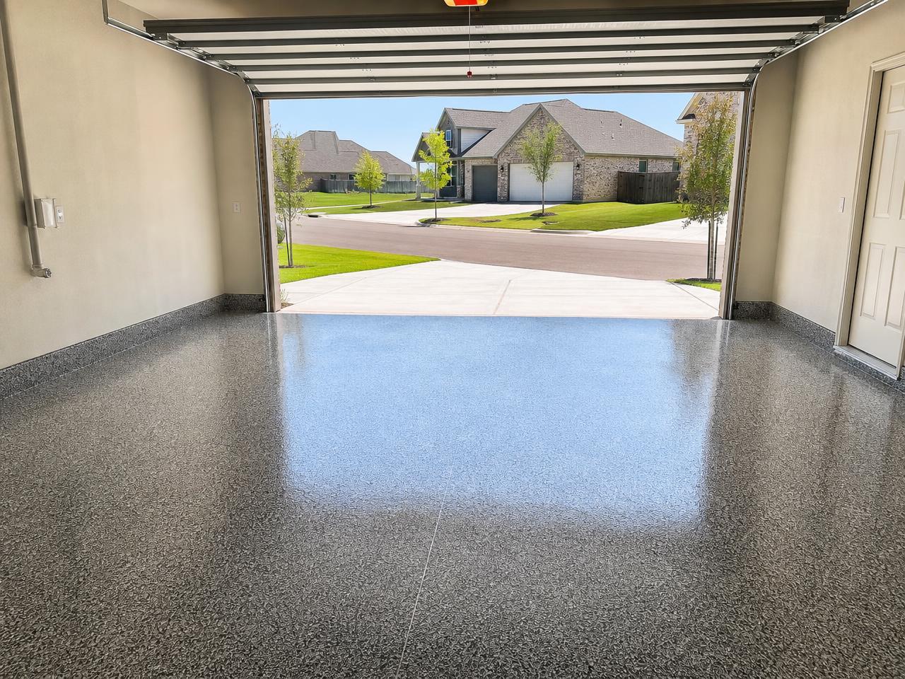 Glossy gray flake coated garage floor with the door open to a suburban street