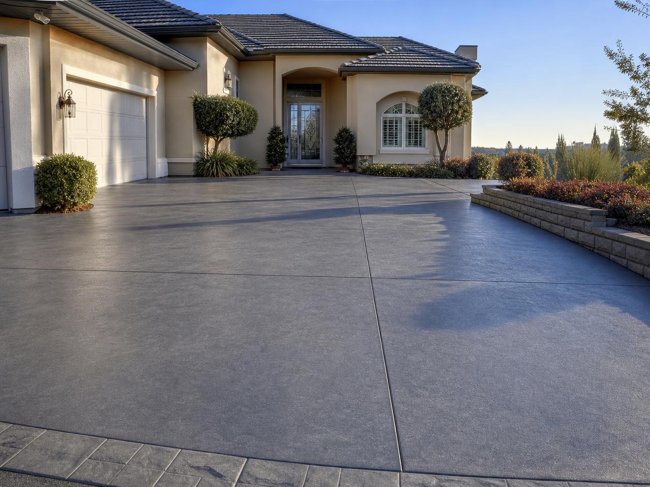 Residential concrete driveway with a decorative gray coated finish