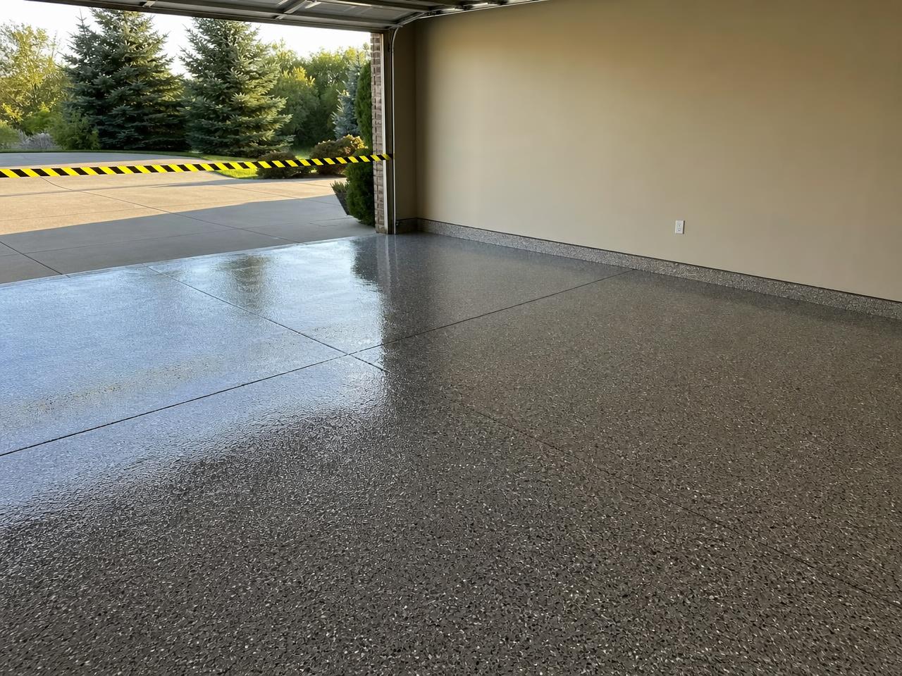 Freshly coated glossy garage floor curing behind caution tape