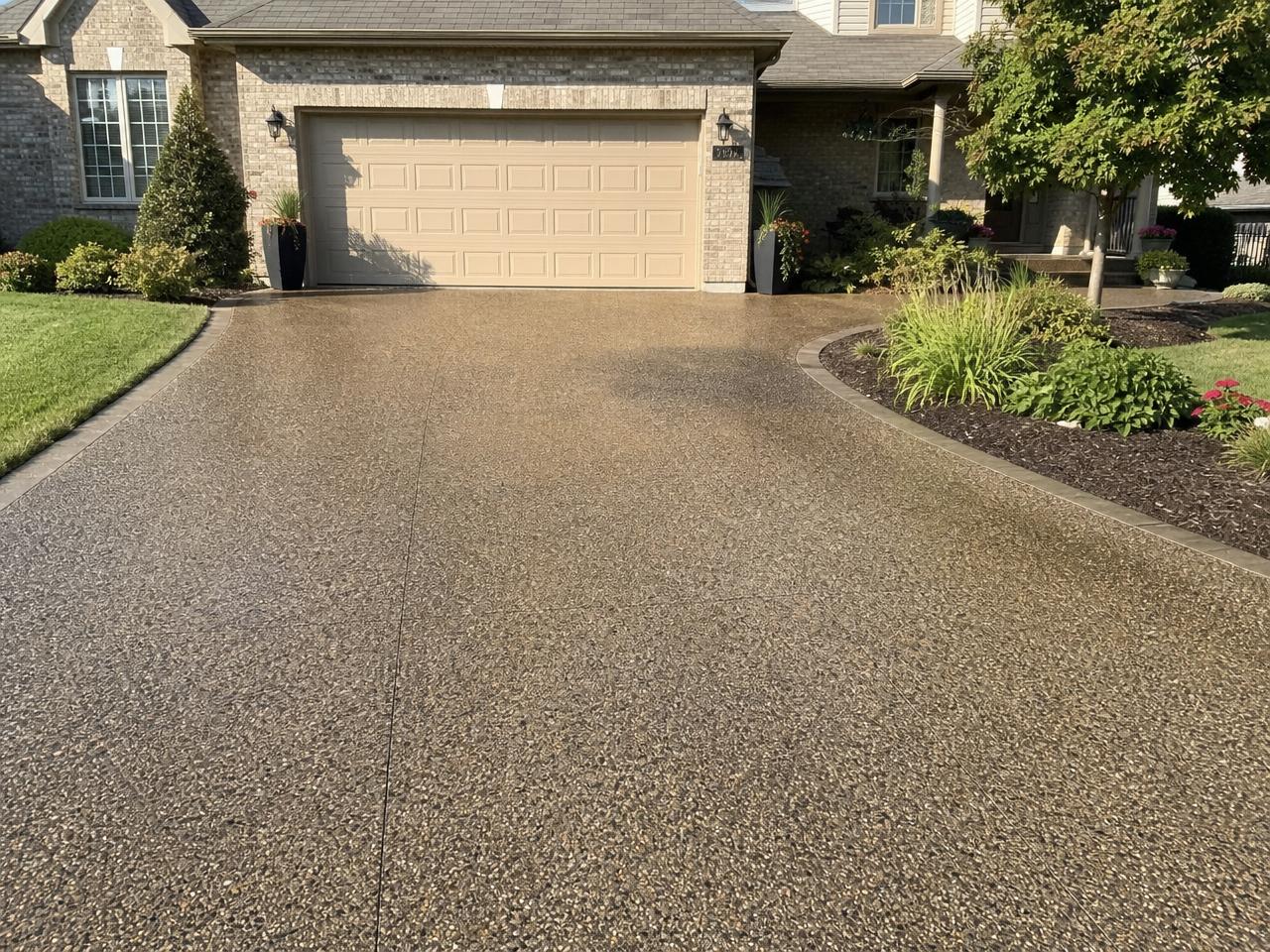 Sealed exposed aggregate concrete driveway with a low-sheen acrylic finish