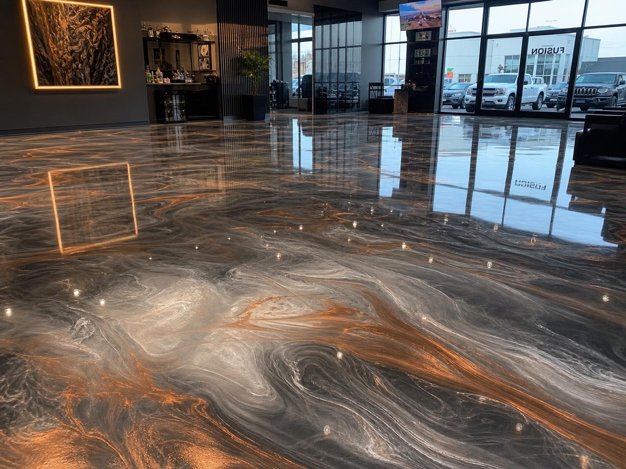 Swirled metallic epoxy floor with a deep three-dimensional pearl finish