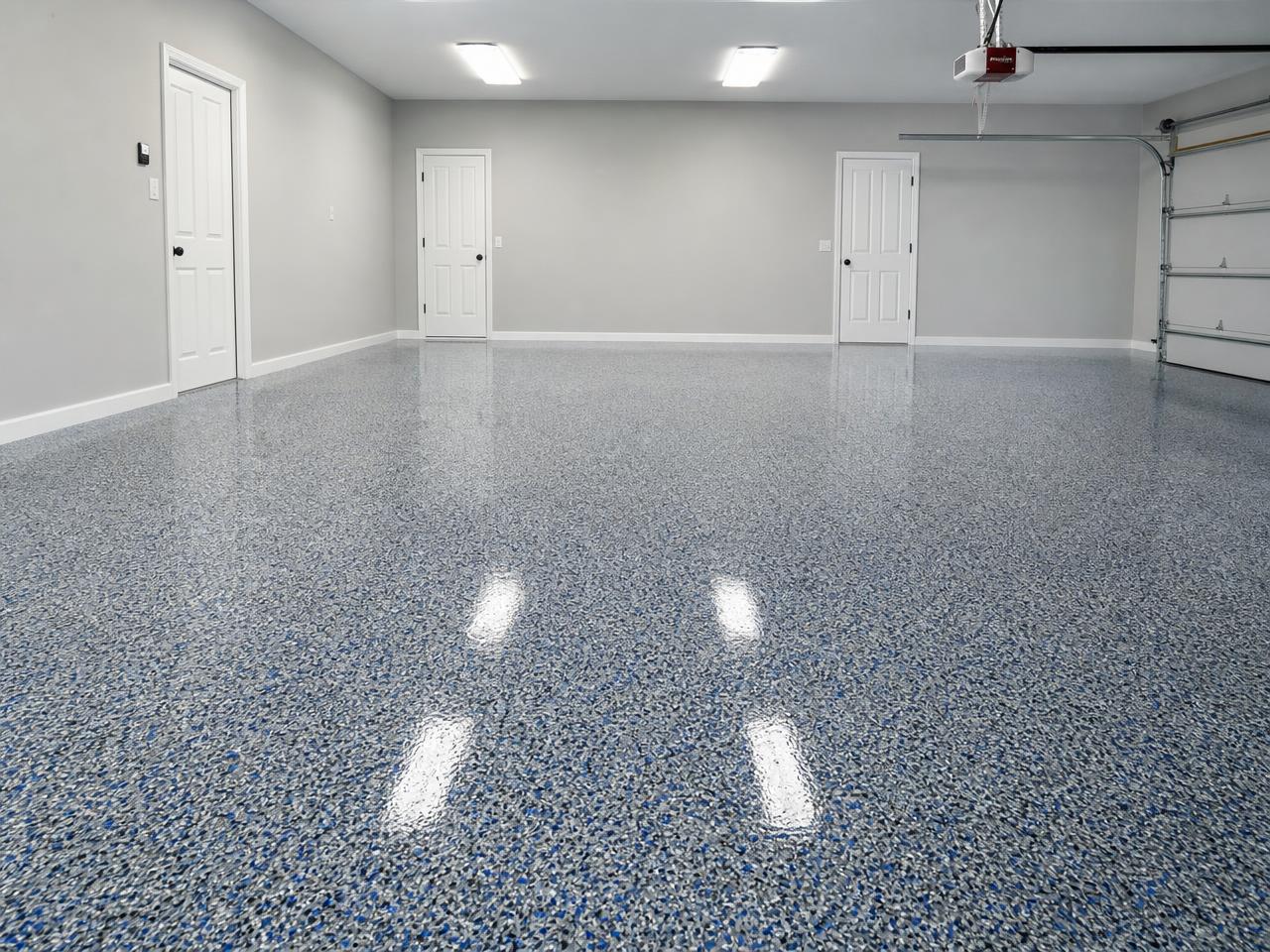 High-gloss polyaspartic coated garage floor with decorative flake