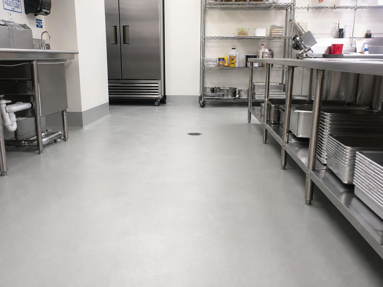 Commercial kitchen floor finished with a troweled urethane cement mortar system