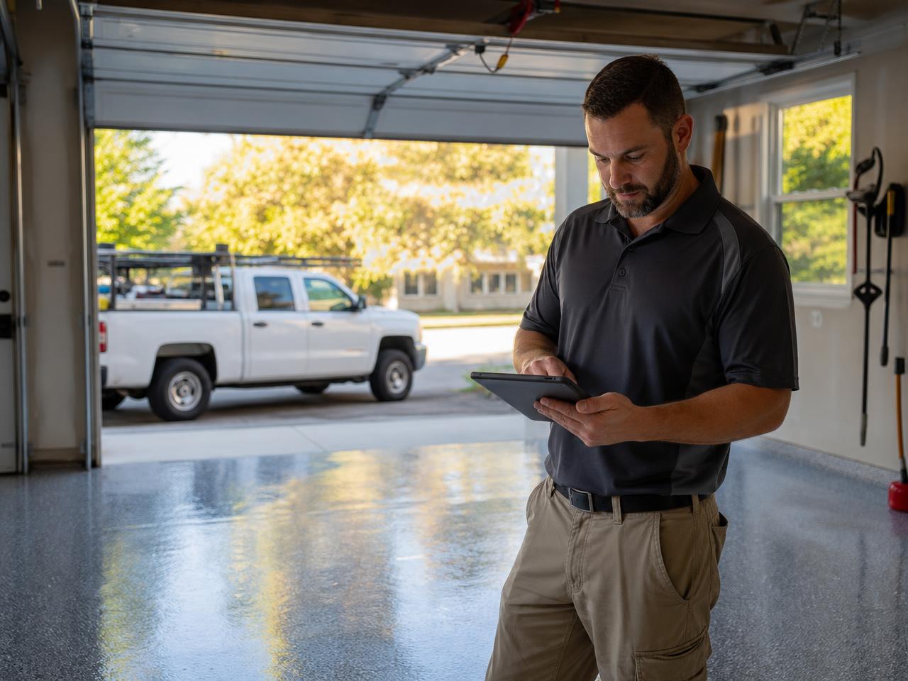 Coating contractor reviewing his job schedule on a tablet inside a freshly coated gray flake garage