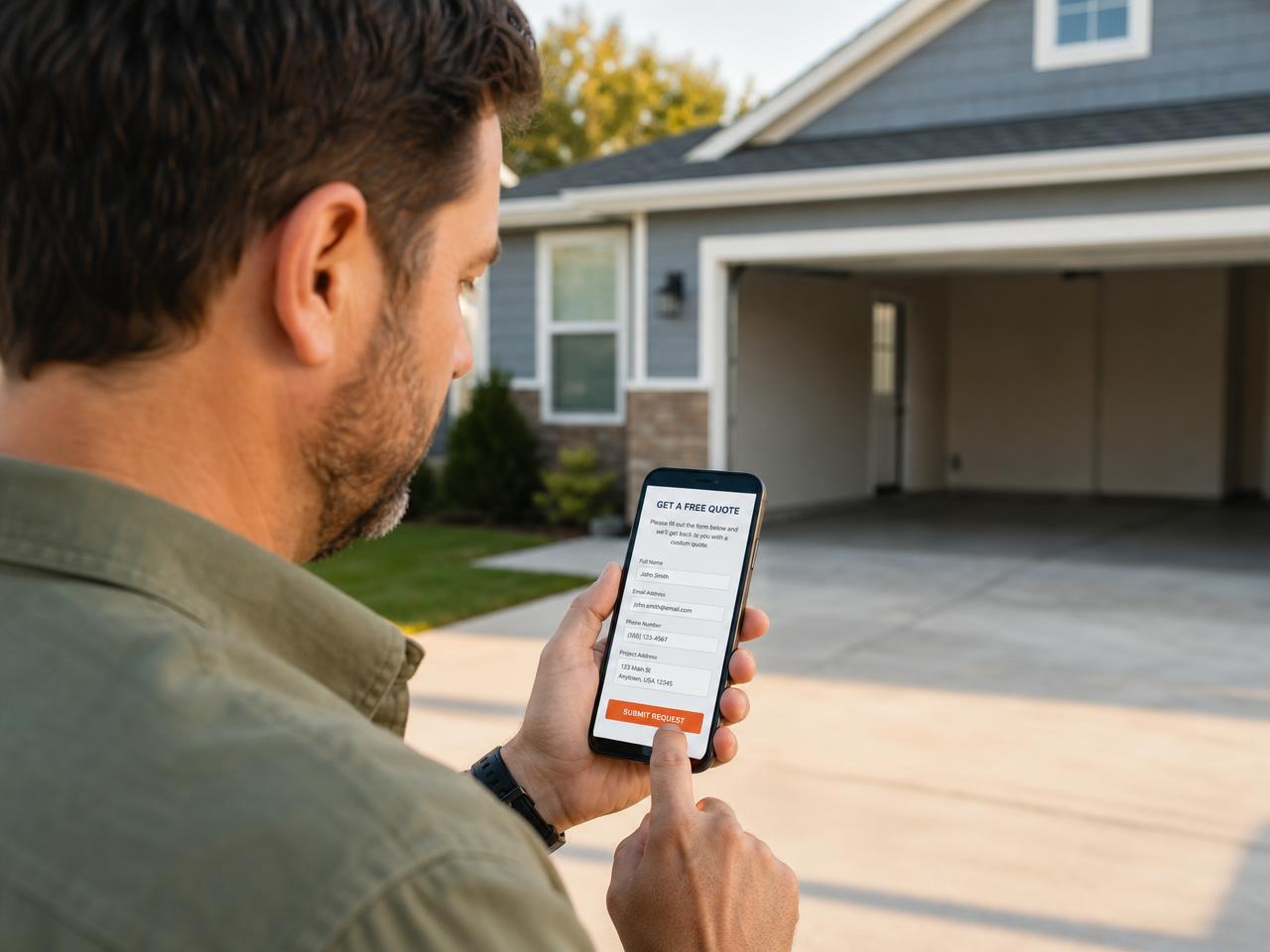Homeowner standing in a driveway filling out a floor coating quote request form on a smartphone