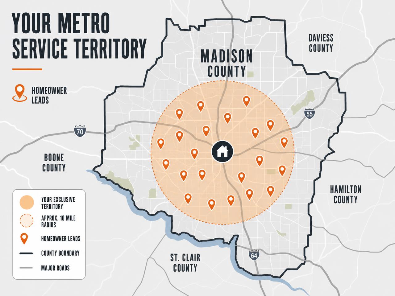 Map infographic of an exclusive metro service territory with a ten mile radius and homeowner lead pins