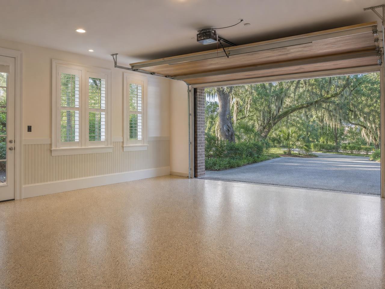 Charleston lowcountry garage with a beige flake coated floor and live oaks outside