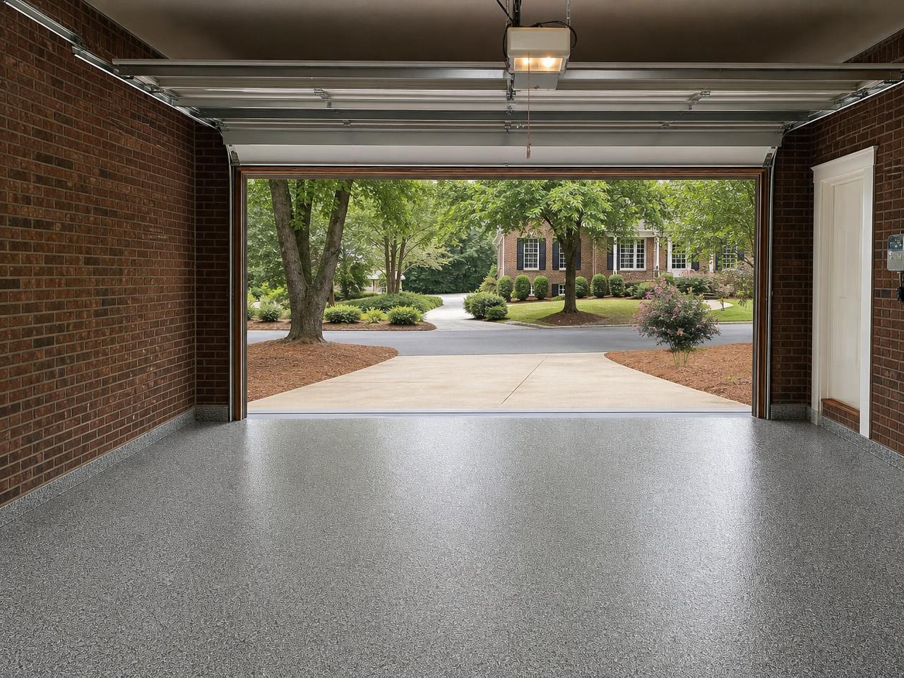 Charlotte brick home garage with a gray flake coated floor