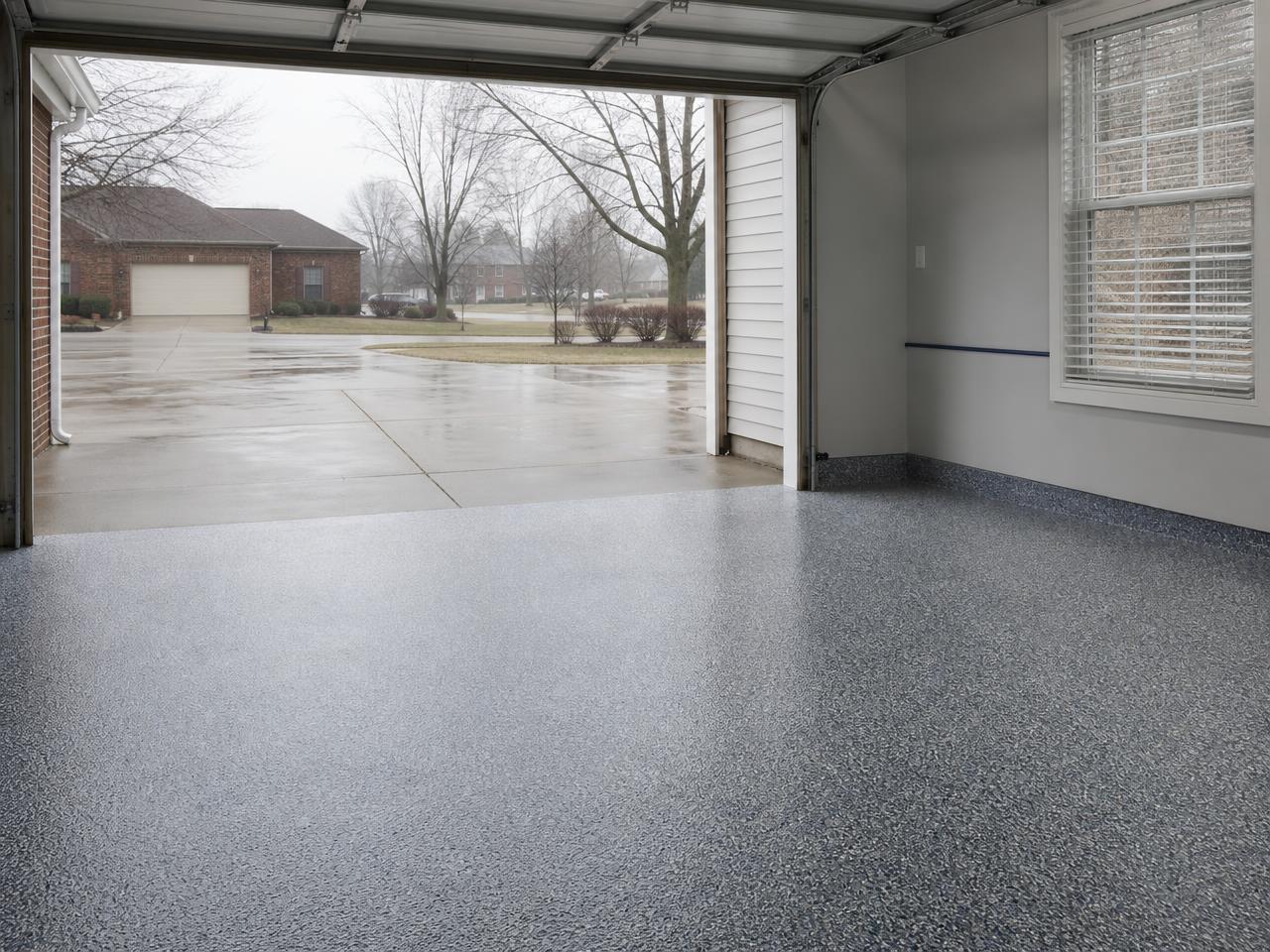 Indianapolis garage with a blue gray flake coated floor and a wet winter driveway