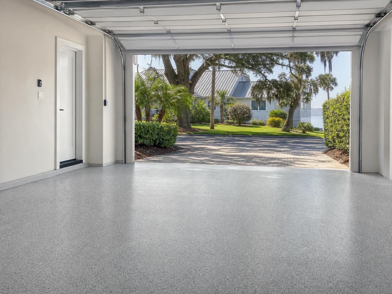 Jacksonville coastal home garage with a light gray flake coated floor