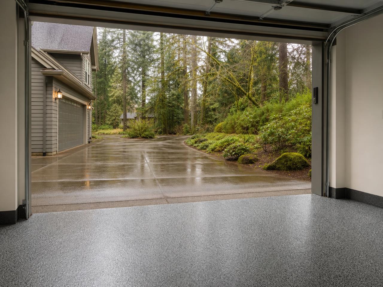 Portland Oregon garage with a slate gray flake coated floor and wet evergreen forest outside