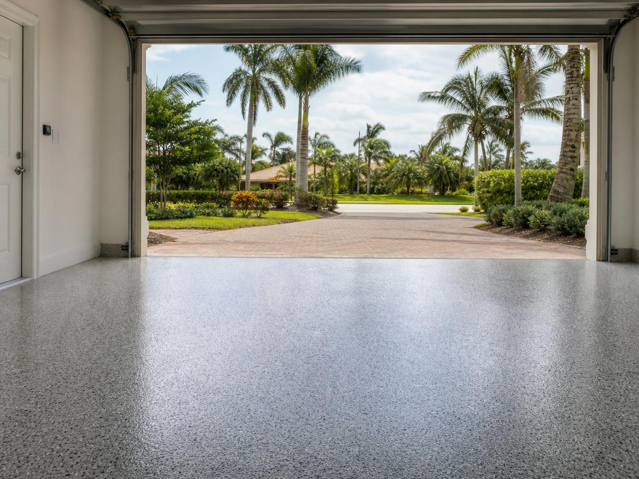 Tampa Bay garage with a gray flake coated floor and palm trees outside